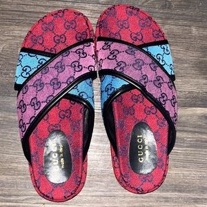 Gucci Angelina multicolor canvas crisscross monogram 55 GG logo platform slides